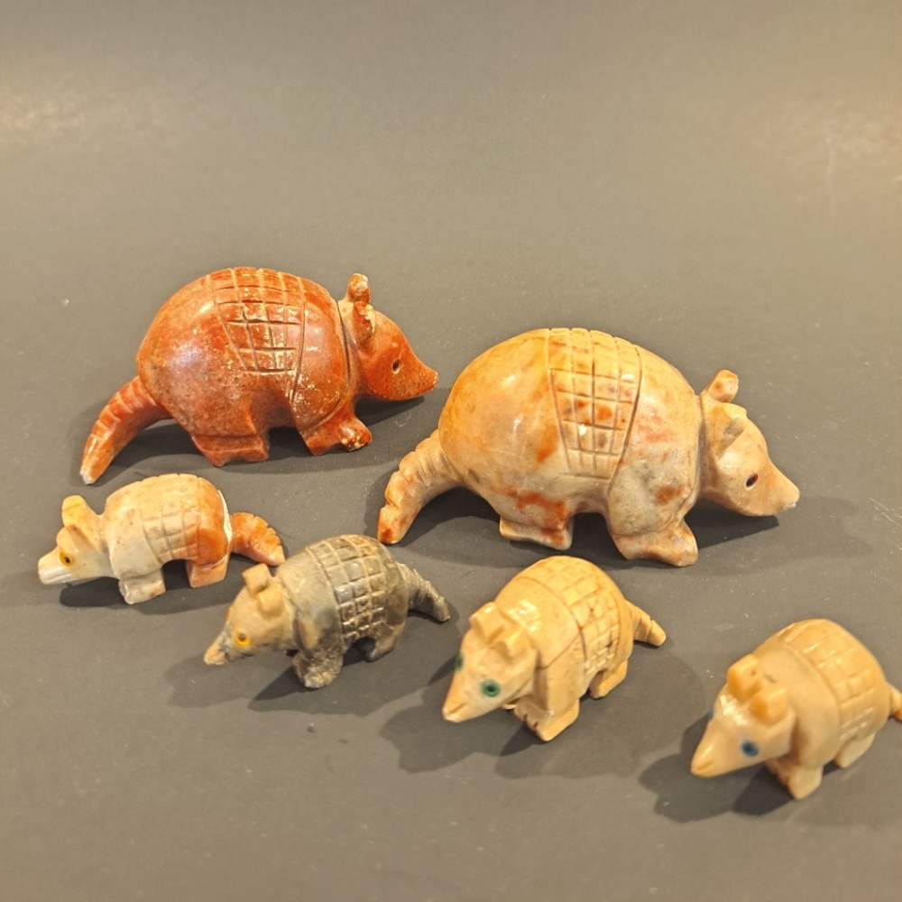 6 Carved Stone Armadillos. 2 Large 4 Small. Made in Peru